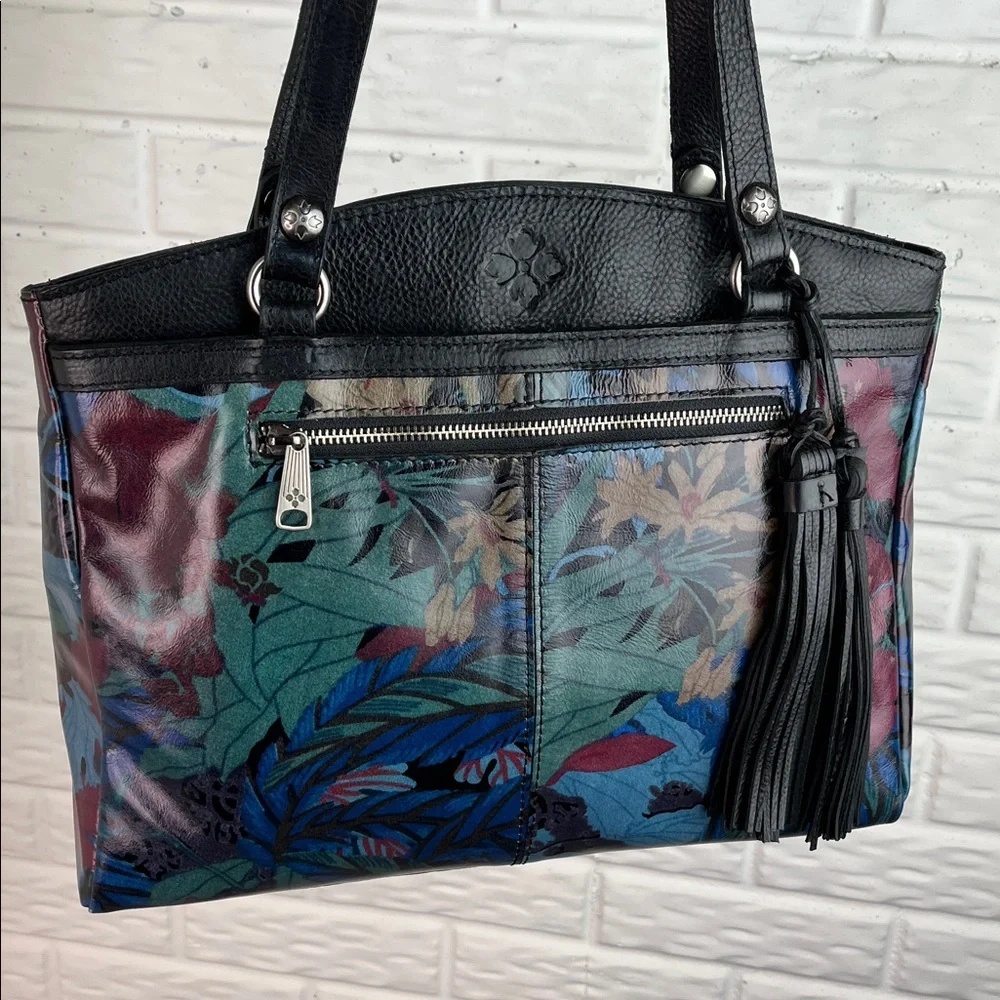 PATRICIA NASH POPPY TOTE BLACK LEATHER LEAF PATTERN TASSEL 3 COMPARTMENTS - Picture 3 of 17